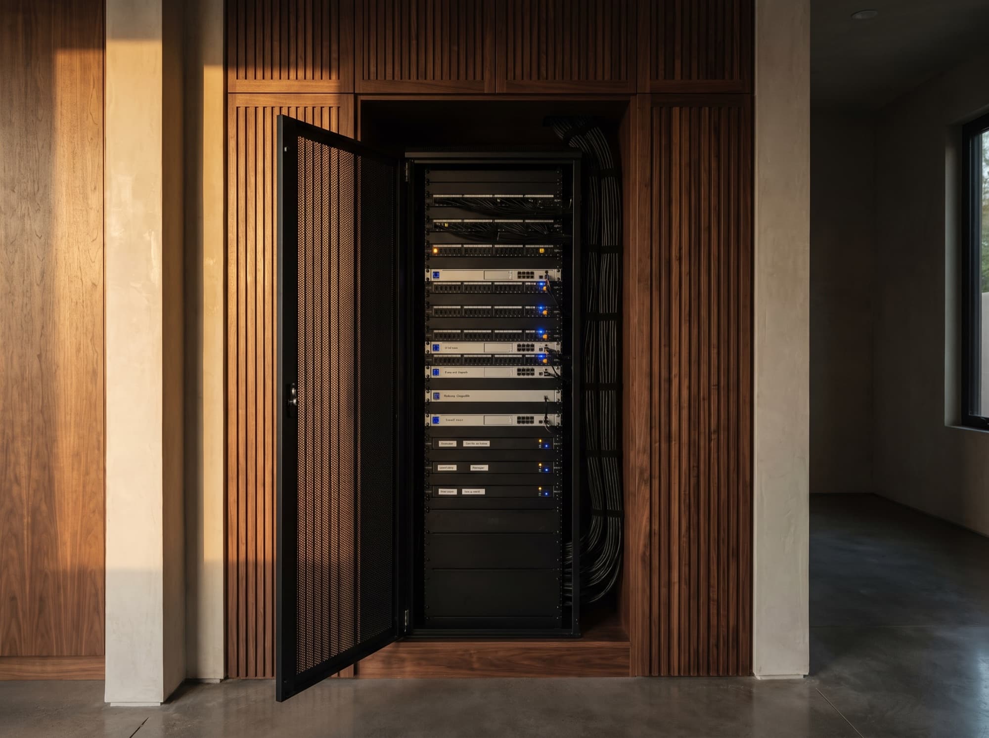 A technology closet built into walnut millwork, the rack door open on labeled equipment