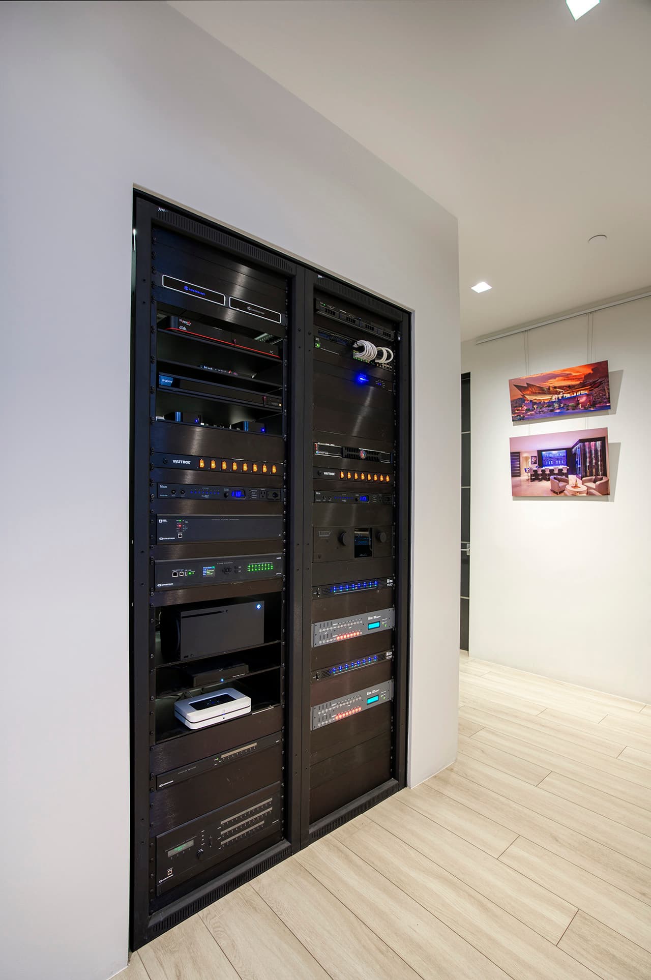 A finished equipment rack with labeled, dressed wiring