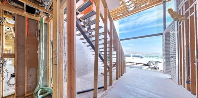 An AV closet and stair at prewire, captured in the 3D scan