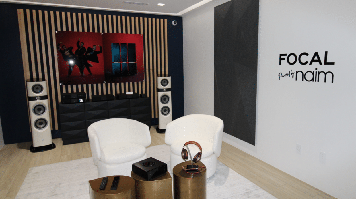 Focal by Naim demo room at the Acoustic Design Group showroom featuring Focal speakers, NAIM electronics and Focal headphones.