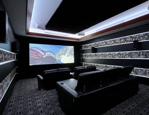 A dedicated theater space featuring a home theater projector and theater seating.
