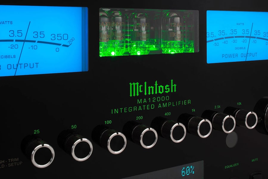 Close-up of the McIntosh MA12000 Integrated stereo amplifier.