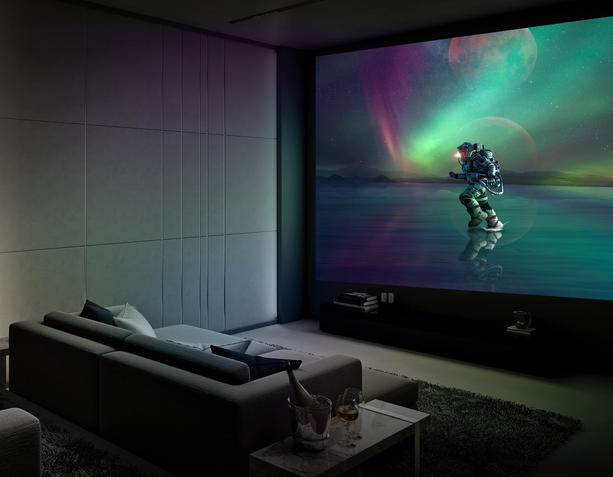 home theater set up with astronaut on screen